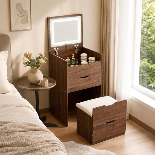 Small Vanity with Mirror and Lights for Small Space, 3-in-1 Compact Makeup Vanity Desk with Storage, Flip Top Vanity Table with Hidden Stool, 3 Color Mode, Drawers & Jewelry Organizer, Mini Vanity Set