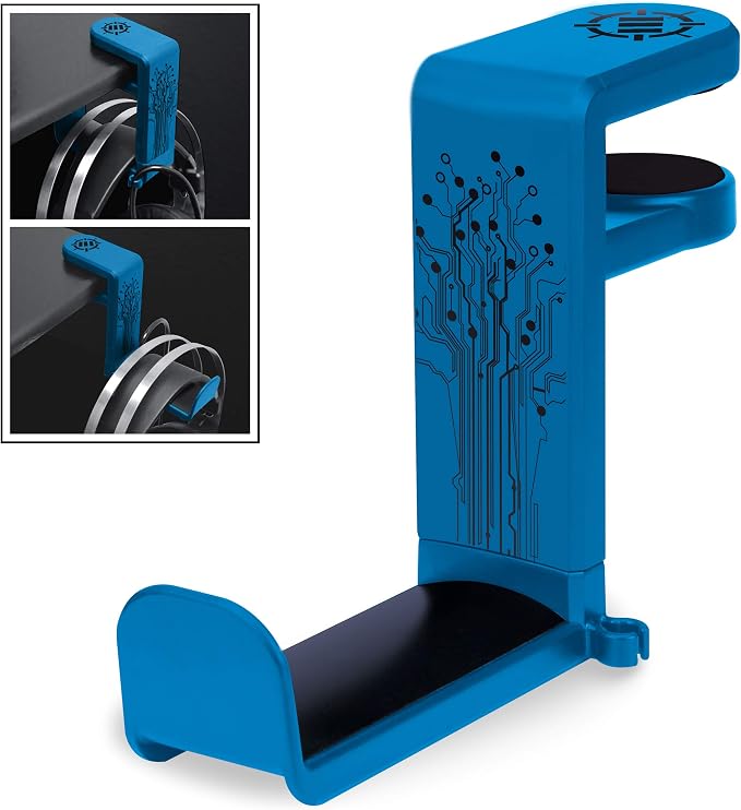 ENHANCE PC Gaming Headphone Holder - Desk Headphone Hanger Esports Headset Holder with Adjustable 360 Rotation, Under Desk Headphone Hook Clamp, Universal Fit, & Built in Cable Clip Organizer - Blue