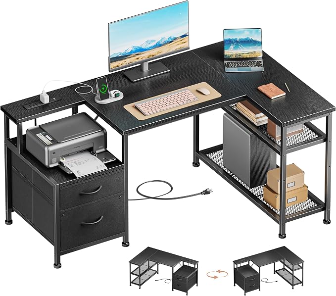 Furologee 49" L Shaped Computer Desk with Power Outlets, Reversible Home Office Desk with Fabric Drawers, File Cabinet, Printer Table, Metal Storage Shelves, Corner Desk for Small Space, Black