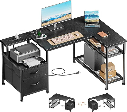 Furologee 49" L Shaped Computer Desk with Power Outlets, Reversible Home Office Desk with Fabric Drawers, File Cabinet, Printer Table, Metal Storage Shelves, Corner Desk for Small Space, Black