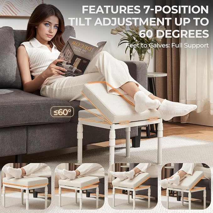 TIOPGHAD Adjustable Ottoman Pouf, 4 Height Position & 60 Degree Tilt Angle Adjustment Ottomans Footrest Foot Stools Pouffe Footstool for Under Desk Living Room Home(Beige)
