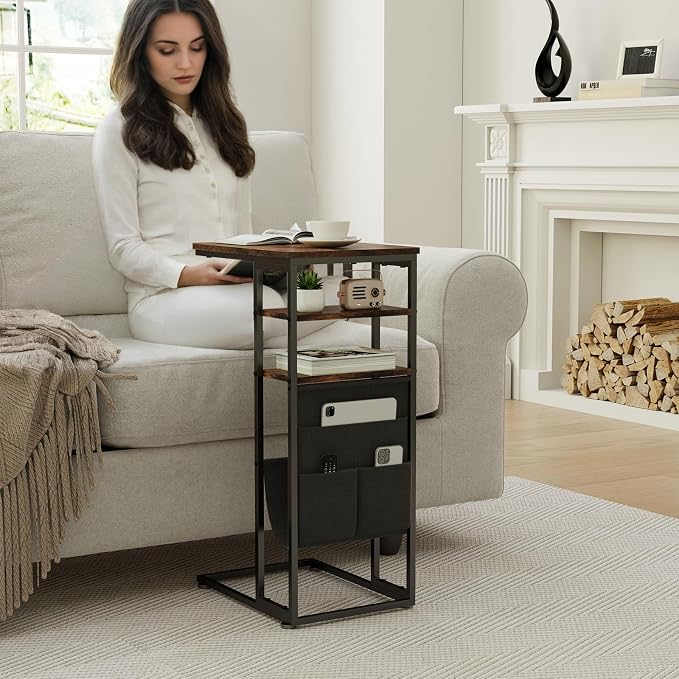 C Shaped End Table 28"(H) 3-Tier C Table with Storage Bag, Under Couch Table C-Shaped End Table with Storage Shelves and Bag for Living Room, Bedroom, or Office