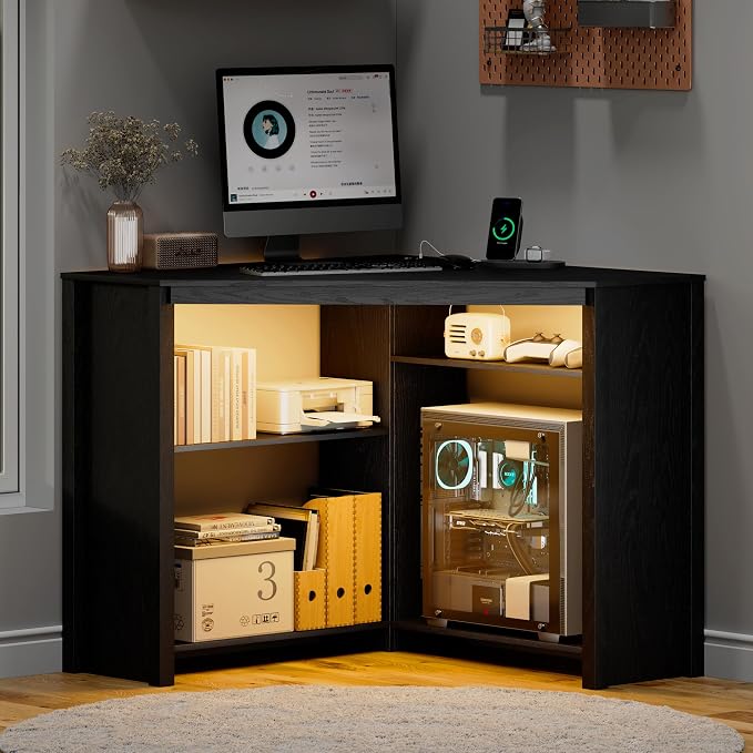 Corner Desk with Charging Station & LED Light, Triangle Corner Desk with CPU Stand & Storage Shelves, Gaming Computer Desk for Home Office -Black