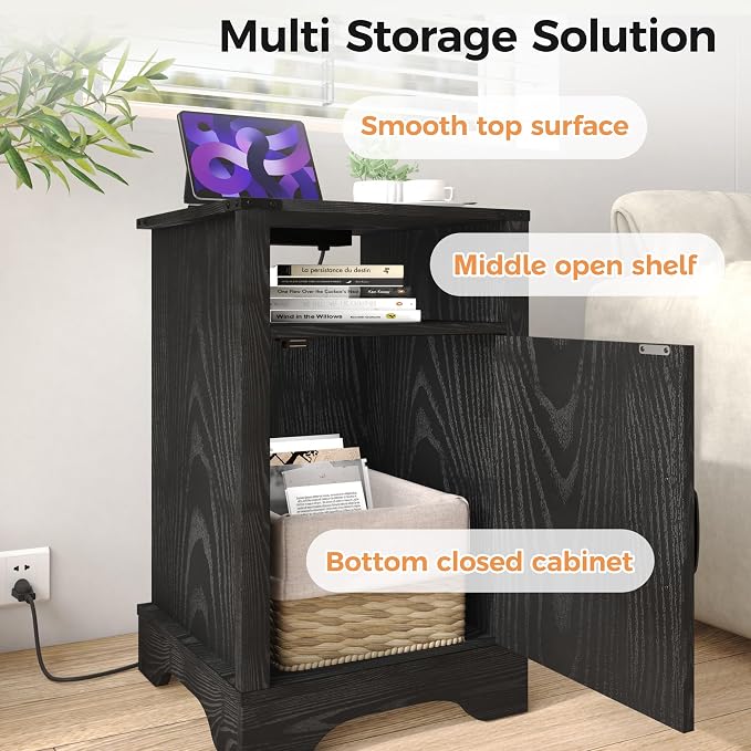 RoyalCraft 25" Tall Nightstand Set of 2, Farmhouse Nightstand with Charging Station, Large Wood End Table with Storage, Black Bedside Table for Bedroom