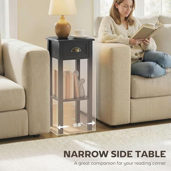 HOMCOM Narrow End Table with Drawer and Bottom Shelf, Slim Side Table for Small Spaces, Skinny Modern Accent Desk for Living Room, Set of 1, Black