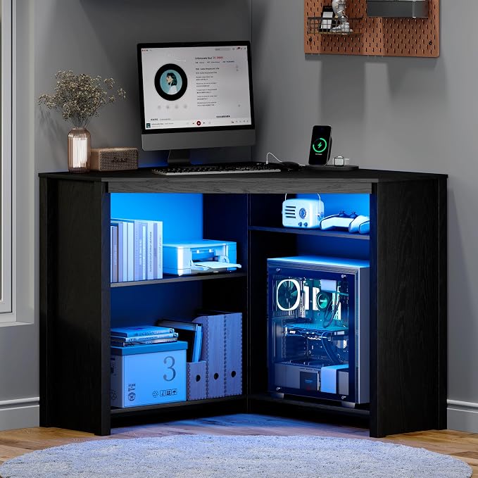 Corner Desk with Charging Station & LED Light, Triangle Corner Desk with CPU Stand & Storage Shelves, Gaming Computer Desk for Home Office -Black