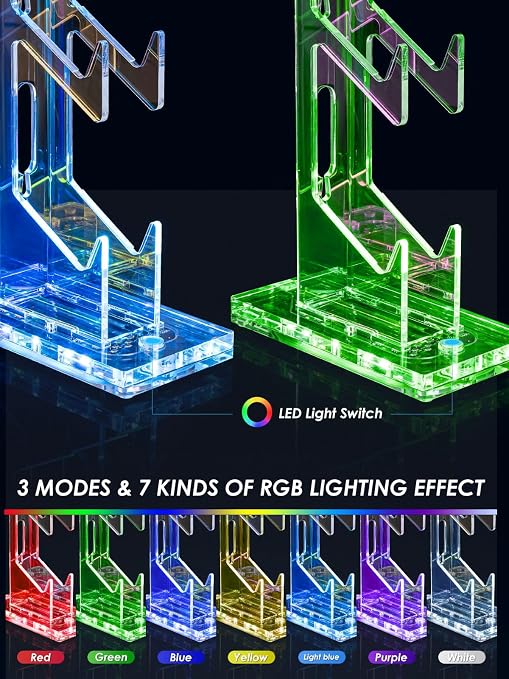 OAPRIRE Headset and Controller Stand with Lights, 3 Tier Acrylic Game Controller Holder, Controller and Headset Stand for Desktop,Universal Design Compatible with PS5/PS4/XBOX/SWITCH (Clear)