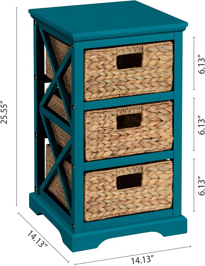 eHemco Hampton Meadows 3 Tier X-Side End Storage Cabinet with 3 Wicker Baskets, Teal
