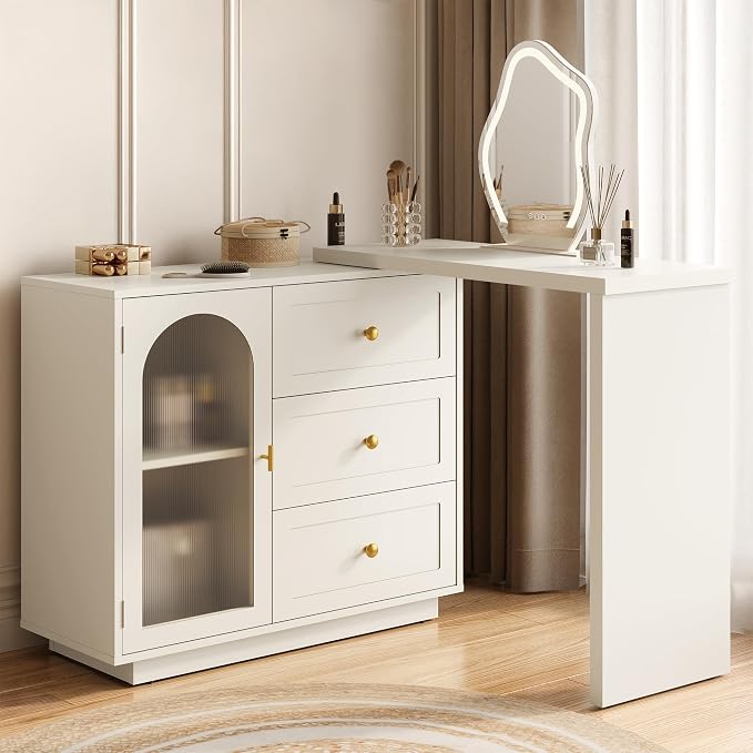 FansaFurn 59” Extendable Corner Vanity Desk, 3 in 1 Vanity with Rotatable Tabletop, Large White Makeup Table for Women Girl, 3 Drawer & 1 Door, Wood Dresser for Apartment, Bedroom, Home Office