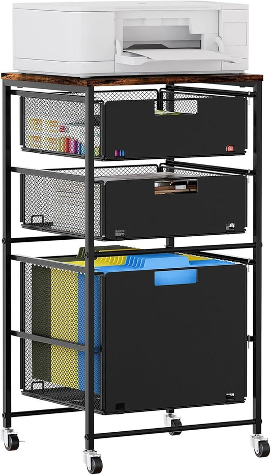 EasyPAG Rolling Storage Cart with 3 Drawers, Under Desk File Cabinet on Lockable Wheels, Movable Letter Size Hanging File Folder Organizer with Wooden Printer Stand for Home Office, Black