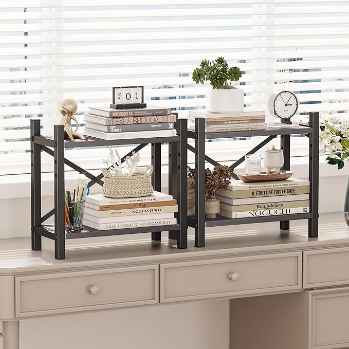 Desktop Bookshelf, 4-Tier Stackable Narrow Bookcase, Adjustable Industrial Desk Organizer & Hutch - Rustic Brown Wood Desktop Book Organizer for Living Room, Bedroom & Home Office