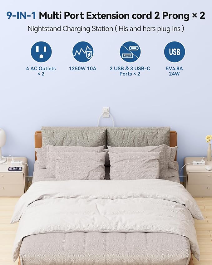 2 Prong Split Extension Cord 10FT (5FT on Each Side), Single Flat Plug Twin Extension Cord with 4 AC Outlets, 2 USB-A & 3 USB-C(24W/4.8A), for Polarized Two Prong Outlet, Old House, White