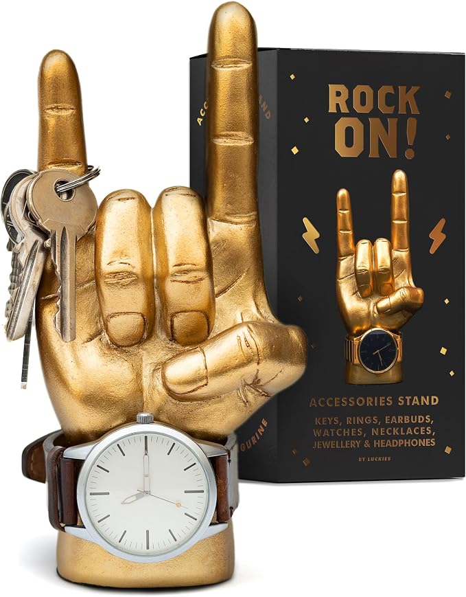 Luckies of London - Rock On Hand - Rock Music Gifts for Men - Mens Bedroom Accessories - Mini Headphone Stand & Jewelry Holder - Gold Ornaments for Desk Tidy - Music Home Decor - Key Holder Stand