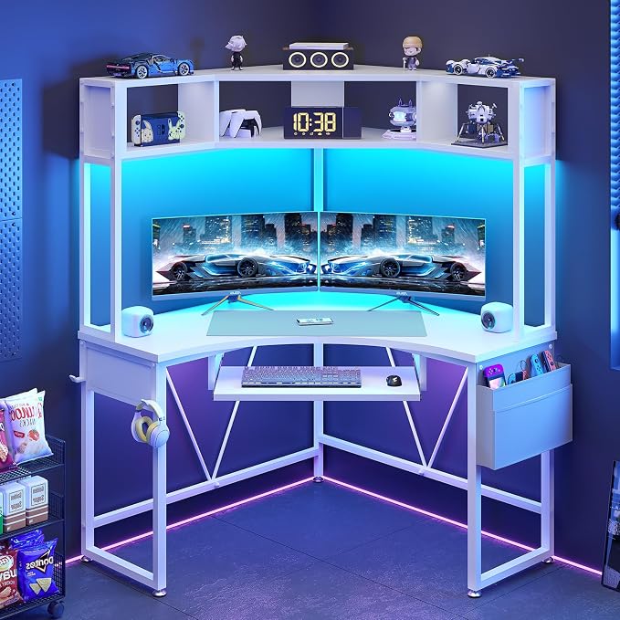SEDETA Corner Desk, 39" W x 62" H Small Office Desk with Hutch & LED Lights, Triangle Gaming Computer Desk with Keyboard Tray, Storage Bag, and Headphone Hook for Small Space, White