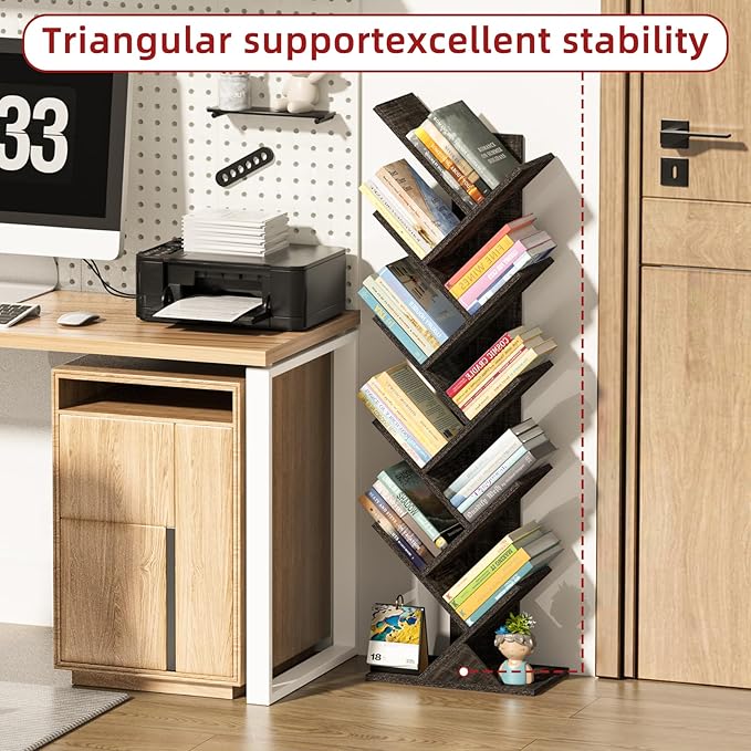 SHEEPAM 10 Tier Tree Book Shelf, Floor Standing Wood Bookshelf for Narrow Space, Storage Organizer Bookshelves for Books/CDs/Magazine, Bookcase with Shelves for Home Office, Living Room - Dark Grey