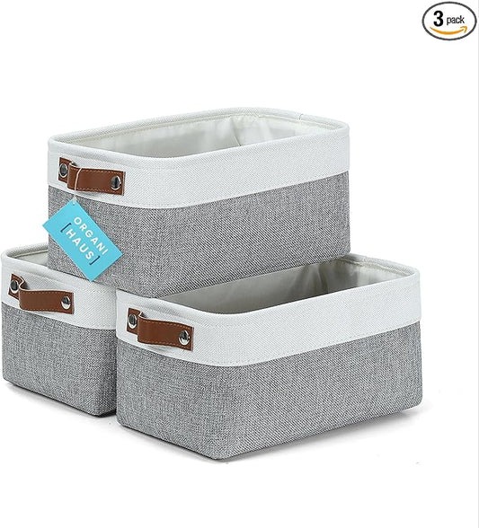 OrganiHaus 12x8in Canvas Storage Baskets 3 Pack | SMALL Fabric Bins for Shelves | Pantry & Bathroom Organizer | Gray/Off-White