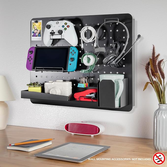 ENHANCE Metal Pegboard Desk Organizer (18 x 14 in) Clamp On Desk Peg Board with 14 Attachments, Pegboard Shelf and Pegboard Hooks, Desktop Organizer for Home Office, Crafts, or Gaming Setups