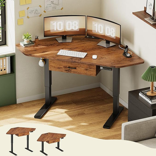 SEDETA Corner Electric Standing Desk, 32'' Small Height Adjustable Computer Desk with Drawer for Gaming, Small Space, Stand up Home Office Writing Desk, Rustic Brown