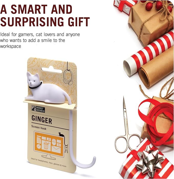 Monkey Business Ginger The Cat Tail Hook for Computer Screen, Tight Spaces, Hang Keys, Accessories in Easy Reach (White)