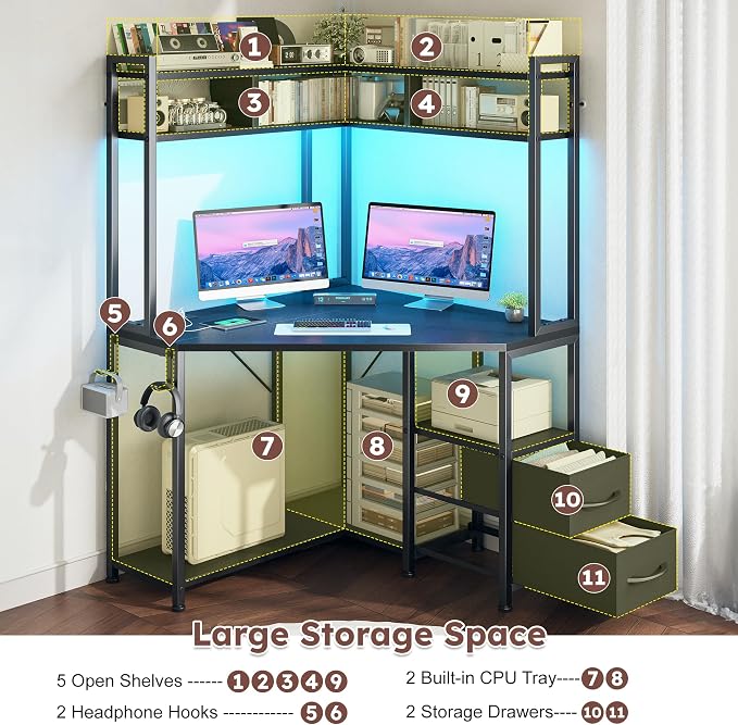 DurayLoly 63" Triangular Corner Desk with Hutch,Ample Storage for Small Room,Spacious 36" W Desktop,2 Fabric Drawers and Bottom Wooden Shelves,Versatile Computer Desk that Meets All Your Needs,Black