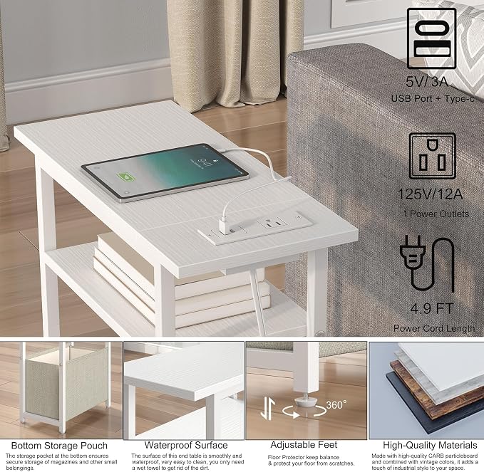 sthmec Narrow Side Table with Charging Station, Small End Table for Small Spaces, Skinny Nightstands with Storage Basket, 3 Tier Sofa Couch Bedside Tables for Living Room,Bedroom, White