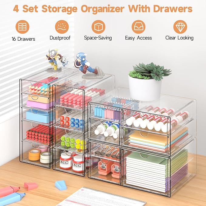 Makeup Drawer Storage Organizer with 16 Drawers, 4 Set Acrylic Office Desk Organization and Storage, Dustproof Drawer Organizer for Makeup, Office, Countertop, Jewelry, Pen, Desktop, Bathroom, Bedroom
