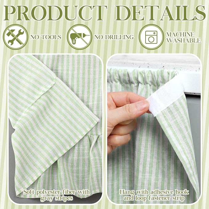 VitalCozy Cabinet Curtain 28" W x 51" L Sink Skirt for Bathroom Kitchen Sage Green Stripes Ruffles Spring Short Curtain for Home Classroom Farmhouse Drape Under Desk Privacy Drape for Laundry Room