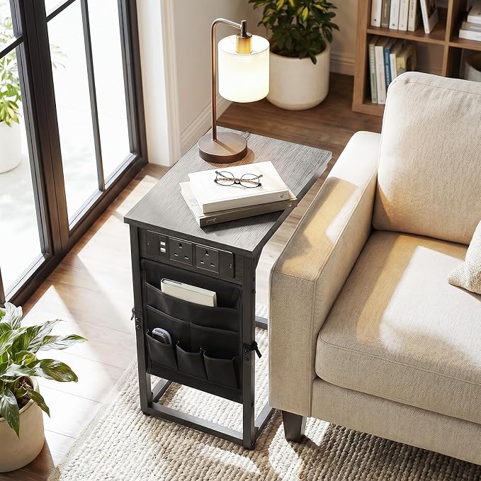 AMHANCIBLE C Shaped End Table with Charging Station, Couch Side Tables that Slide Under Sofa with Storage Bag, Slim TV Tray with USB Ports for Living Room, Bedroom, Dark Grey HET04CDG