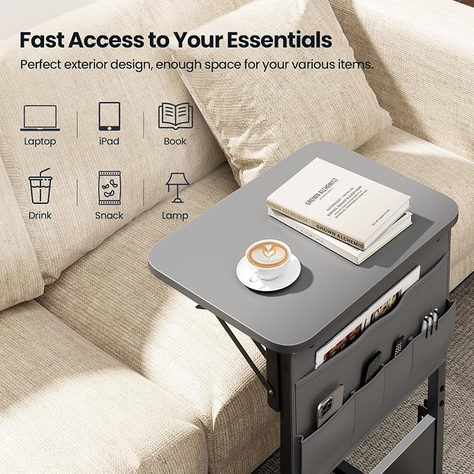 HLDIRECT C Shaped End Table with Charging Station, Couch Side Table with Storage Bag, Foldable TV Tray with 2 USB Ports and Outlets for Living Room, Bedroom, Gray
