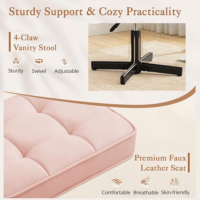 LUE BONA Adjustable Vanity Stool, 15''-19.5'' Foot Rest Under Desk, 360° Swivel Vanity Chair for Makeup Room, Pink Upholstered Faux Leather Ottoman for Bathroom & Living Room, 300lbs
