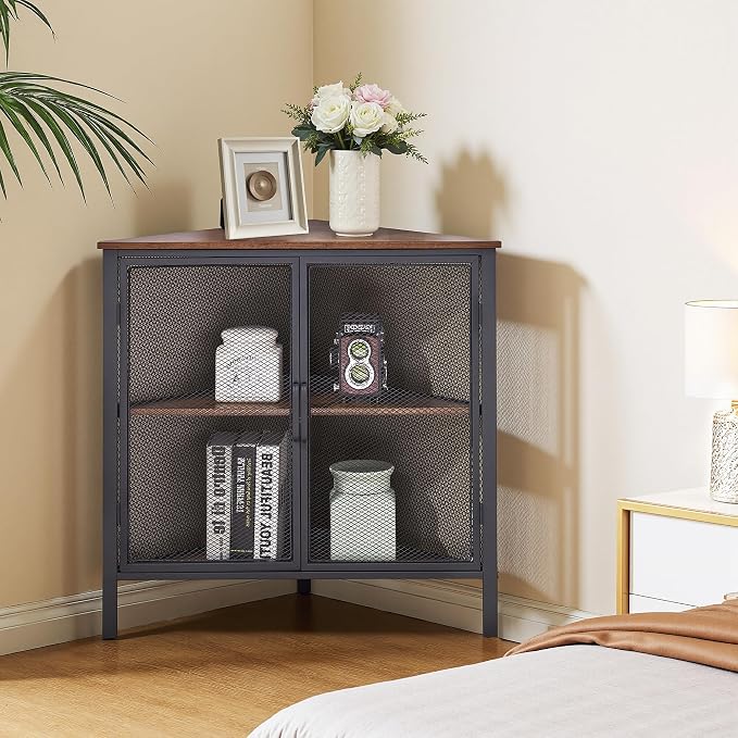 VECELO 3-Tier Corner Table,Cabinet with Mesh Door,Corner Shelf Stand,Metal Frame Storage Shelf Organizer Display Shelves for Bedroom,Wall Corner,Living Room,Kitchen,Bathroom