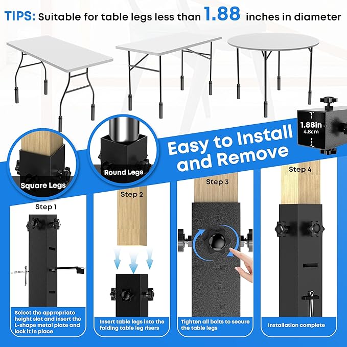 4 Pack Folding Table Risers, Super-Strength Steel Table Leg Extenders, Table Height Extenders, Tables Lifts Risers, 3 Levels Adjustable Height Desk Leg Extensions Rise 2.3in｜4.3in｜6.3in