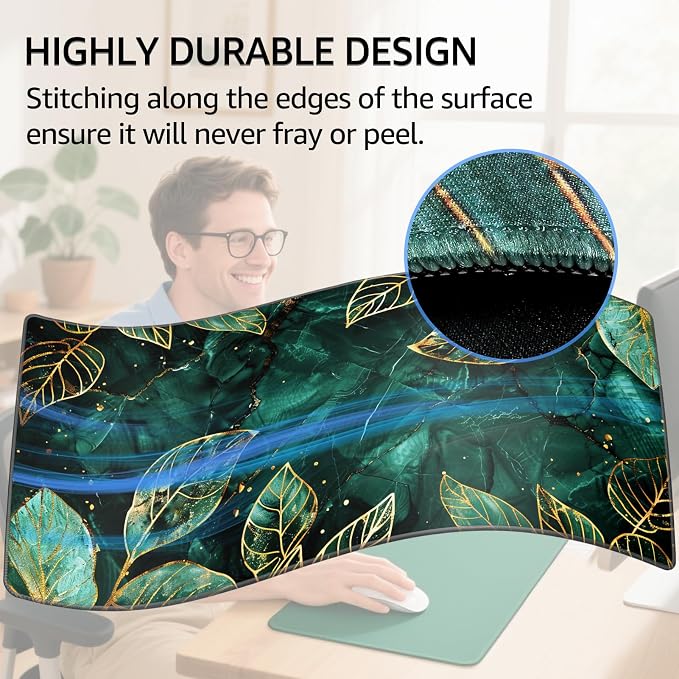 KTRIO Large Gaming Mouse Pad, Desk Mat, 31.5 x 15.7 in, Green Leaves, XXL | Smooth Micro-Weave Surface, Artistic Pattern Design, Non-Slip Rubber Base, Durable Stitched Edges, Office & Home Use