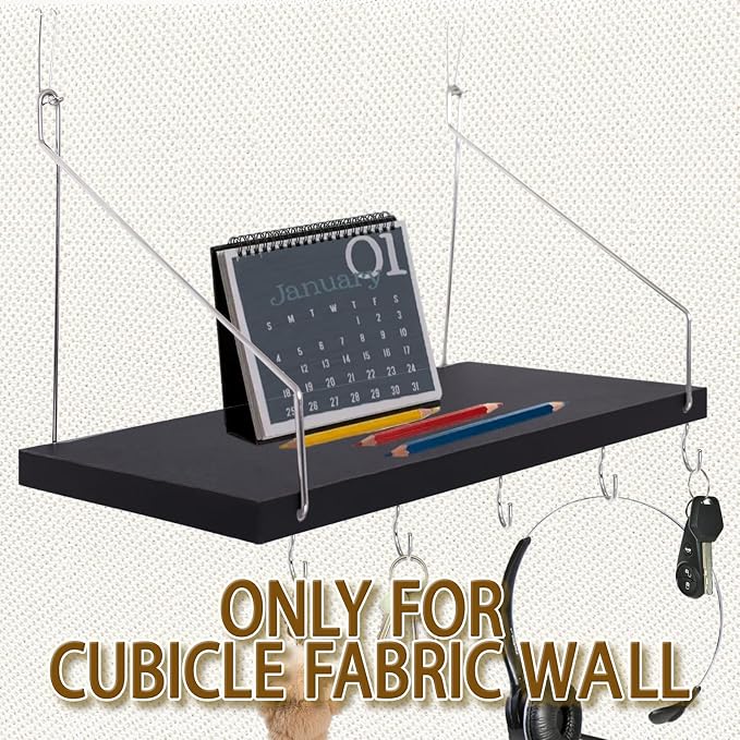 1-Pack Cubicle Shelf For Fabric Walls With Hooks：12x6.0in Black Wooden Cubicle Shelf Hanging Organizer Silver shelves Accessories Office Stylish Ations cubical Decorations For Women Desk work storage