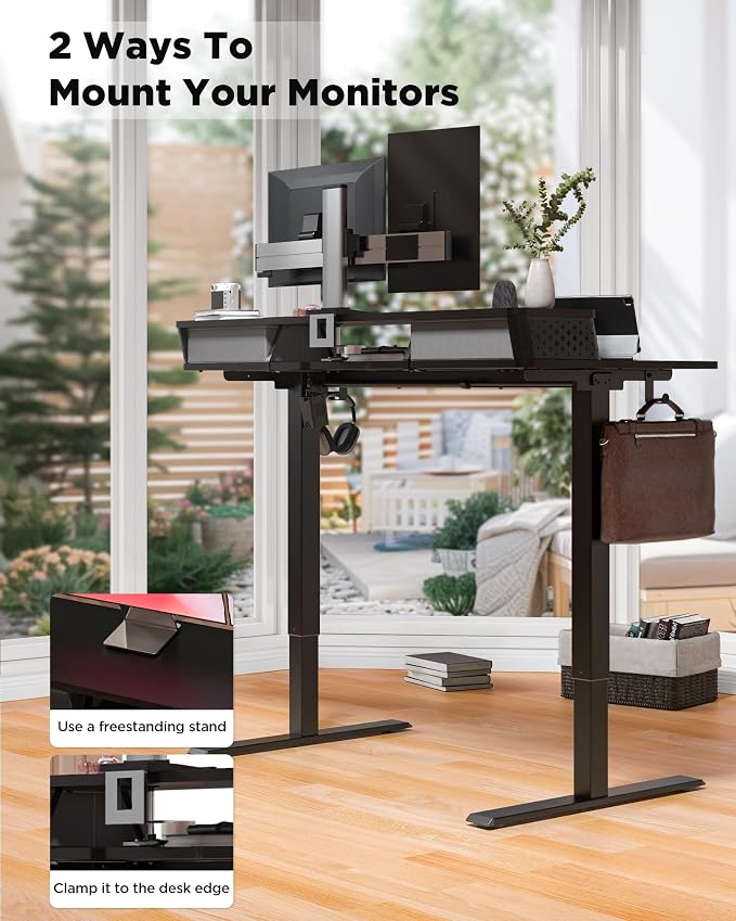 FiCiHi 40x24 Inch Standing Desk with Drawers, C-Clamp Mount Compatible, Electric Adjustable Height Computer Small Stand Up Desks, Home Office Sit Stand Table with 3 Preset Heights, Black
