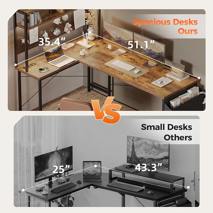 Mericonia 51 inch Large L Shaped Desk with Pegboard Hutch & Shelves, Corner Gaming Desk with Power Outlet, LED Light & Storage Bag, Reversible Computer Desk for Home, Bedroom, Office Workspace, Brown