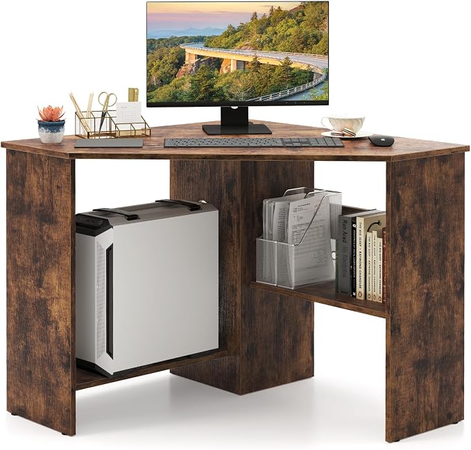 NAFORT Triangular Corner Desk with Storage Shelves and Cable Holes, Space Saving Writing Desk, Multi Functional Workstation for Home Office, Bedroom, PC Laptop Computer Table, Brown