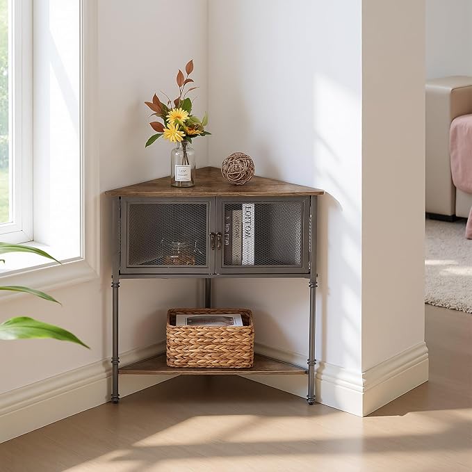 VECELO 3-Tier Corner Table,Cabinet with Mesh Door and Open-Shelf,Corner Shelf Stand,Metal Frame Storage Shelf Organizer Display Shelves for Bedroom,Living Room,Kitchen,Bathroom