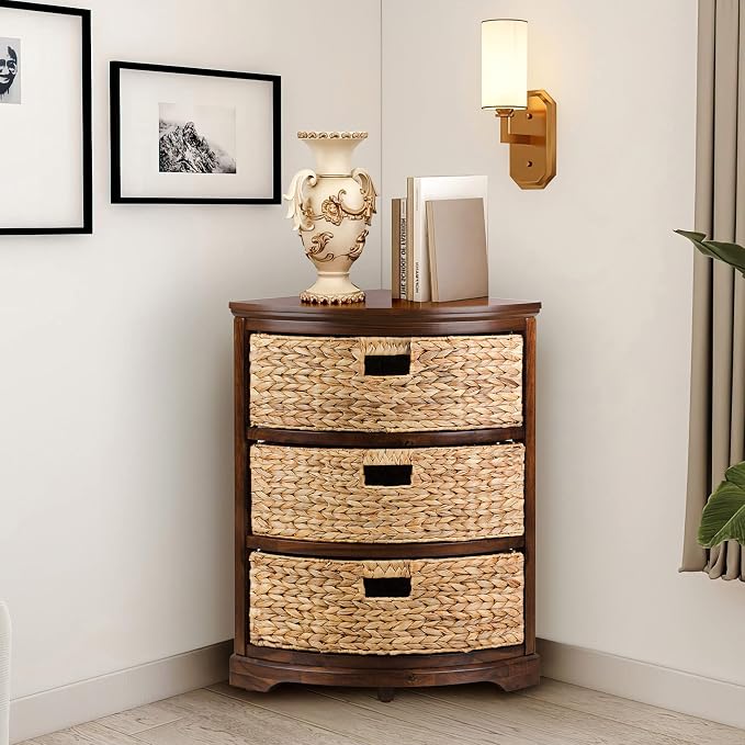 eHemco Hampton Meadows 3 Tier X-Side Corner Table Storage Cabinet with 3 Wicker Baskets, Walnut