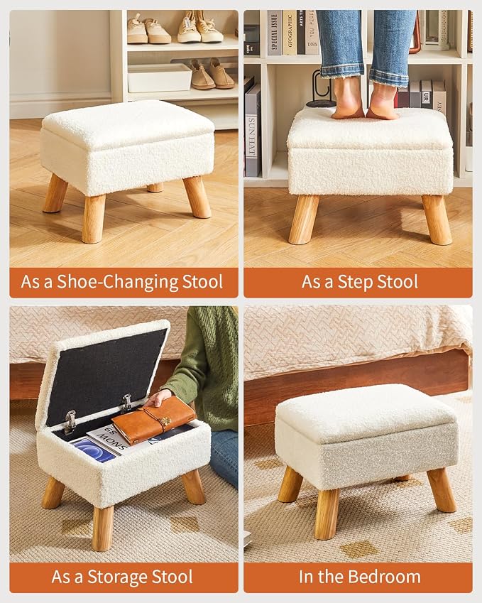 YMYNY Storage Ottoman, Small Foot Stool Ottoman with Storage, White HBD042W | Teddy Velvet, Sturdy Wood Legs, For Living Room Bedroom Couch Entryway