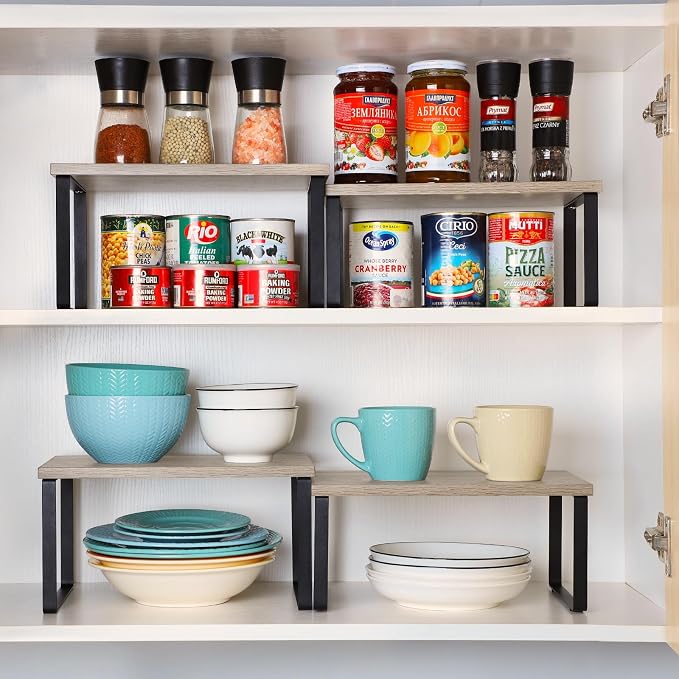 NEX Kitchen Cabinet and Counter Shelf Organizer, Shelf Riser for Pantry Countertop Cupboard Desk Top, Stackable & Expandable, Set of 4, Black and Greige