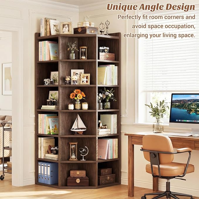 Aheaplus 7-Tier Wooden Corner Cube Bookshelf, Corner Storage Cabinet with 18 Cubes, Corner Cube Organizer Display Shelf with Top Table, Modern L Shaped Cubby Bookcase for Home Office, Black Walnut
