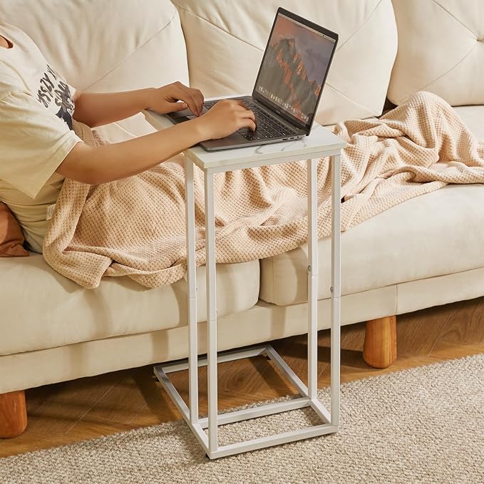 Aibiju C Shaped End Table Set of 2, Small Side Table for Sofa and Bed, White Bedside Table, Laptop Desk for Couch, 16x12x25 Inch, Faux Marble with White Frame YD-TM051W-2
