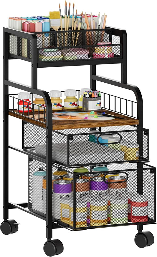 SWTYMIKI Rolling Cart with Drawers - Metal Craft Cart with Wheels, DIY Divider and Wood Shelf, Art Supply Organizer for Under Desk Storage, Utility Storage Cart for Home Office Studio, Espresso
