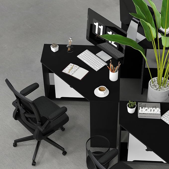 SlickBlue Corner Computer Desk with Triangle Design and Storage Shelf for Space-Saving