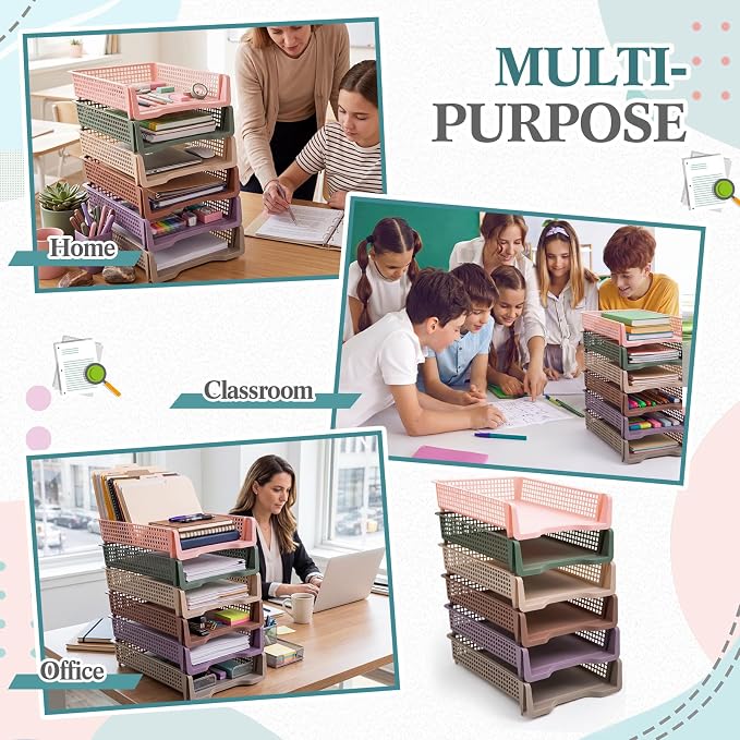Geetery Set of 12 Plastic Trays for Teachers Turn in Trays Classroom Stackable Paper Tray Plastic Classroom Teachers Desk Letter Organizer Storage Baskets for Office, Desk, Home (Terrazzo Color)