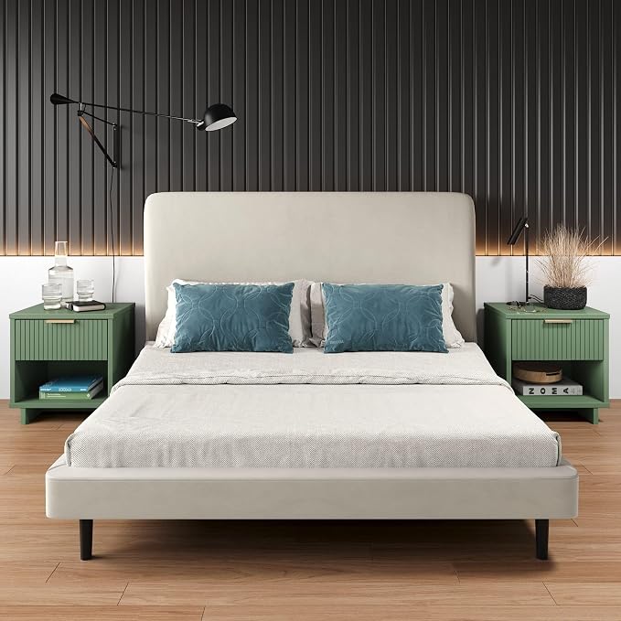 Manhattan Comfort Granville Modern Nightstand 1.0 with 1 Full Extension Drawer, Sled Legs, and Gold Accent Metal Handle, Bedside End Table for Bedroom or Living Room in Sage Green