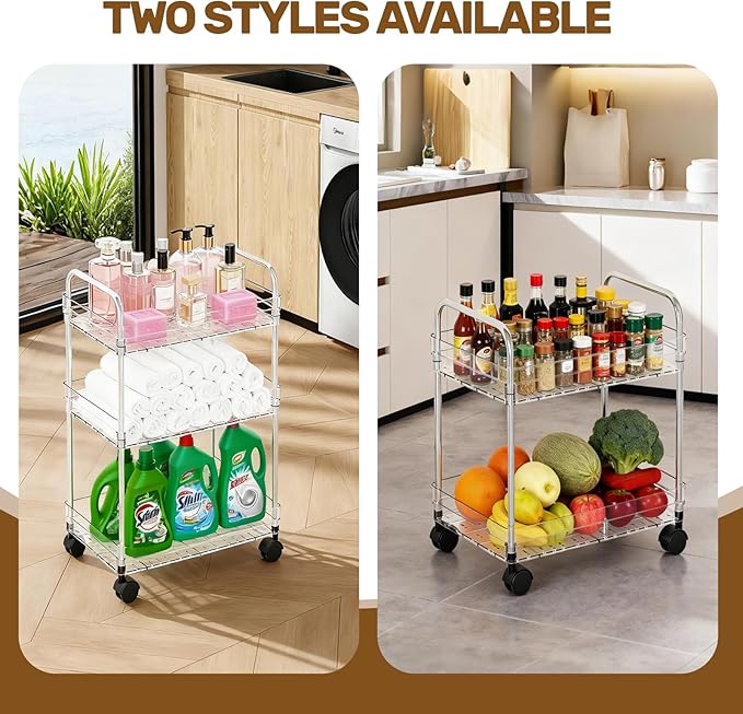 2 Tier Utility Rolling Cart with Wheels Multifunctional Storage Cart Under Desk Storage Organizer with Handle and Hooks for Home Kitchen Office Bathroom Organization Transparent
