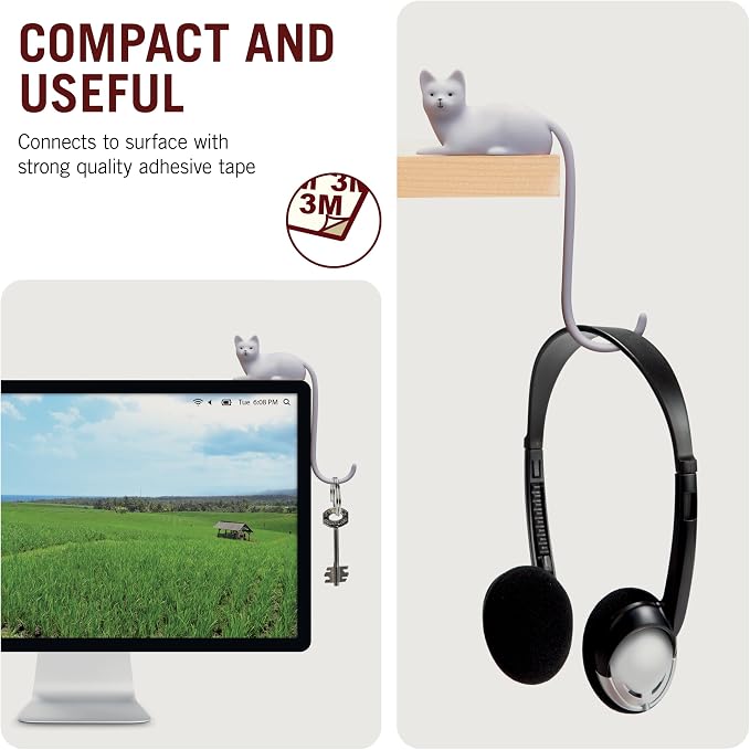 Monkey Business Ginger The Cat Tail Hook for Computer Screen, Tight Spaces, Hang Keys, Accessories in Easy Reach (White)