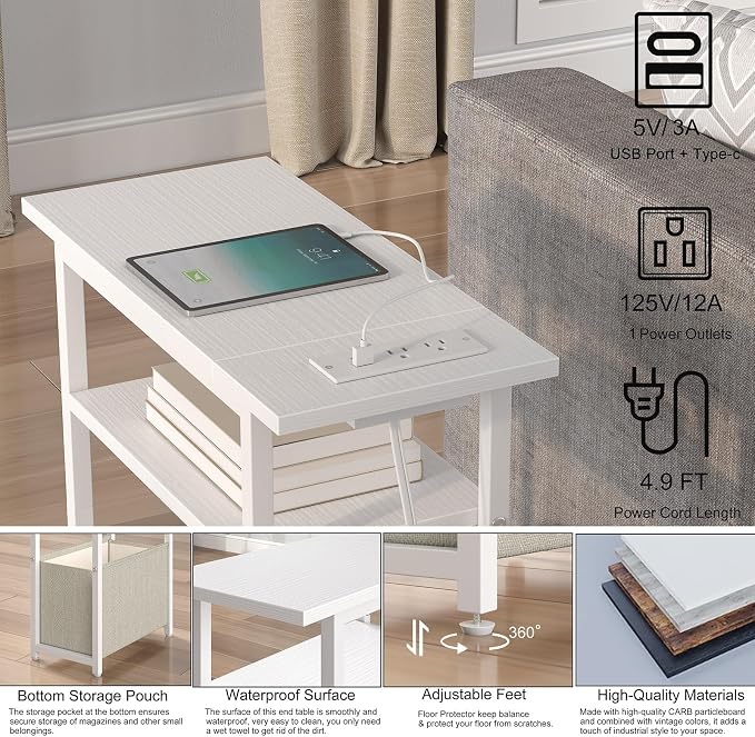 sthmec Narrow Side Table with Charging Station, LED End Table for Small Spaces, White Skinny Nightstands with Storage Basket, 3 Tier Sofa Bedside Tables for Living Room,Bedroom, White